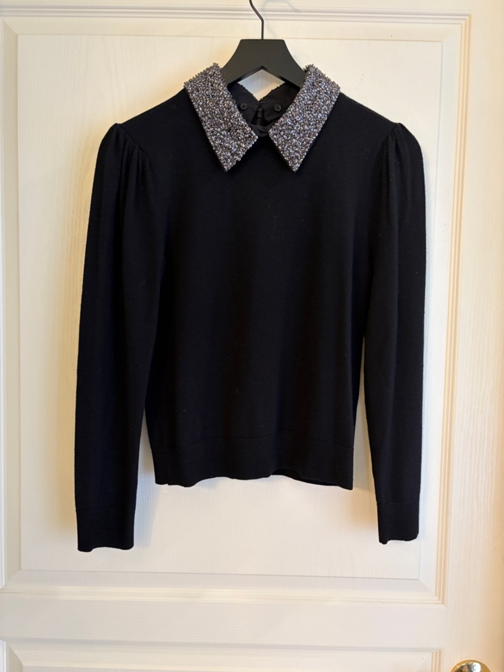 Alice + Olivia Black Sweater with Beaded Silver Collar Detail
